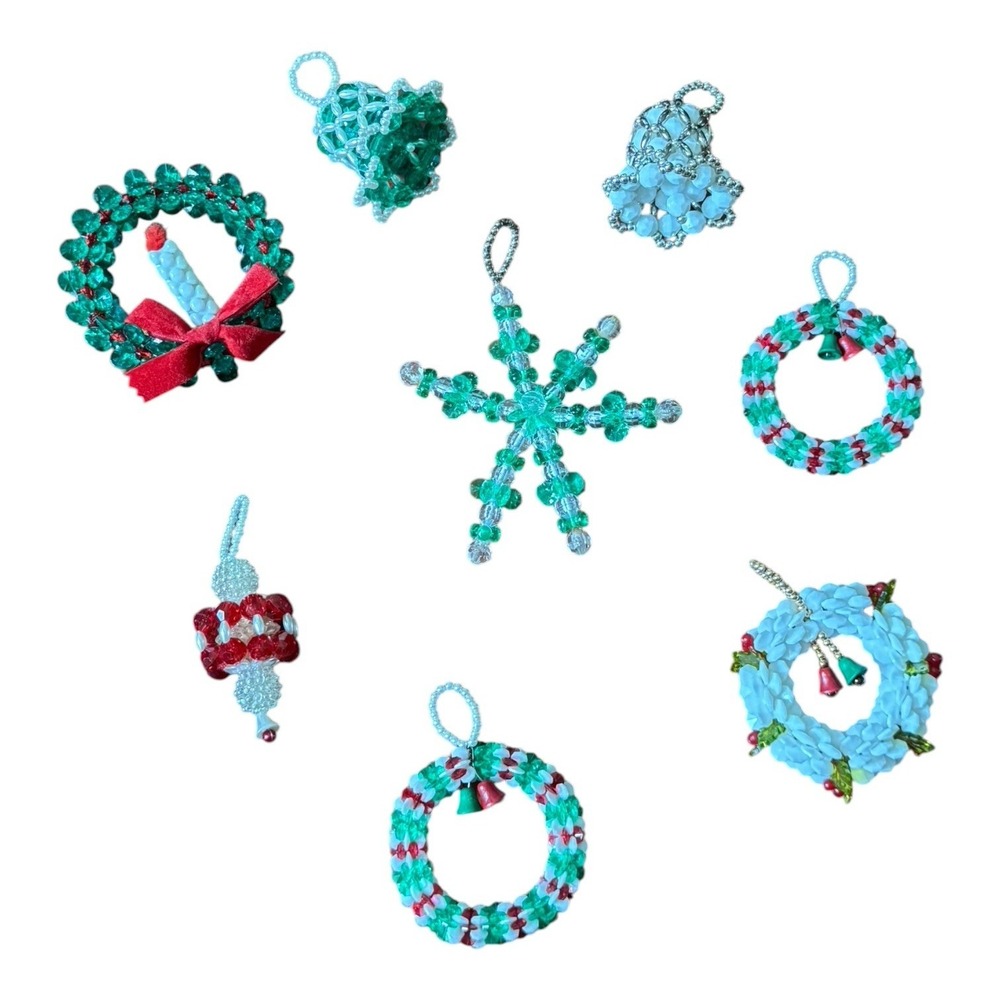 Vintage Hand Crafted Beaded Christmas Ornaments Lot 8 Wreath Bells Snowflake